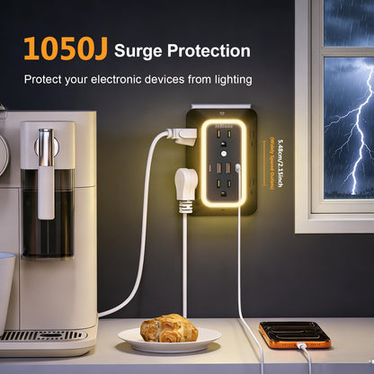 Wall Outlet Extender with Night Light, Power Plug Adapter 6 Outlet Extender with 4 USB Charging Ports（2 USB C）,1050J Power Strip Multi Plug Adapter Spaced for Home Office Travel-Black