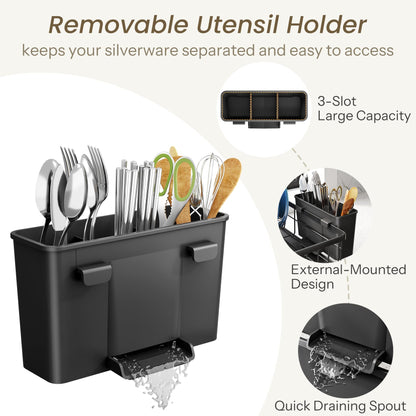 Dish Drying Rack - Small Dish Rack for Kitchen Counter, Stainless Steel Dish Drainer with Utensil Holder and Drainboard (Black)
