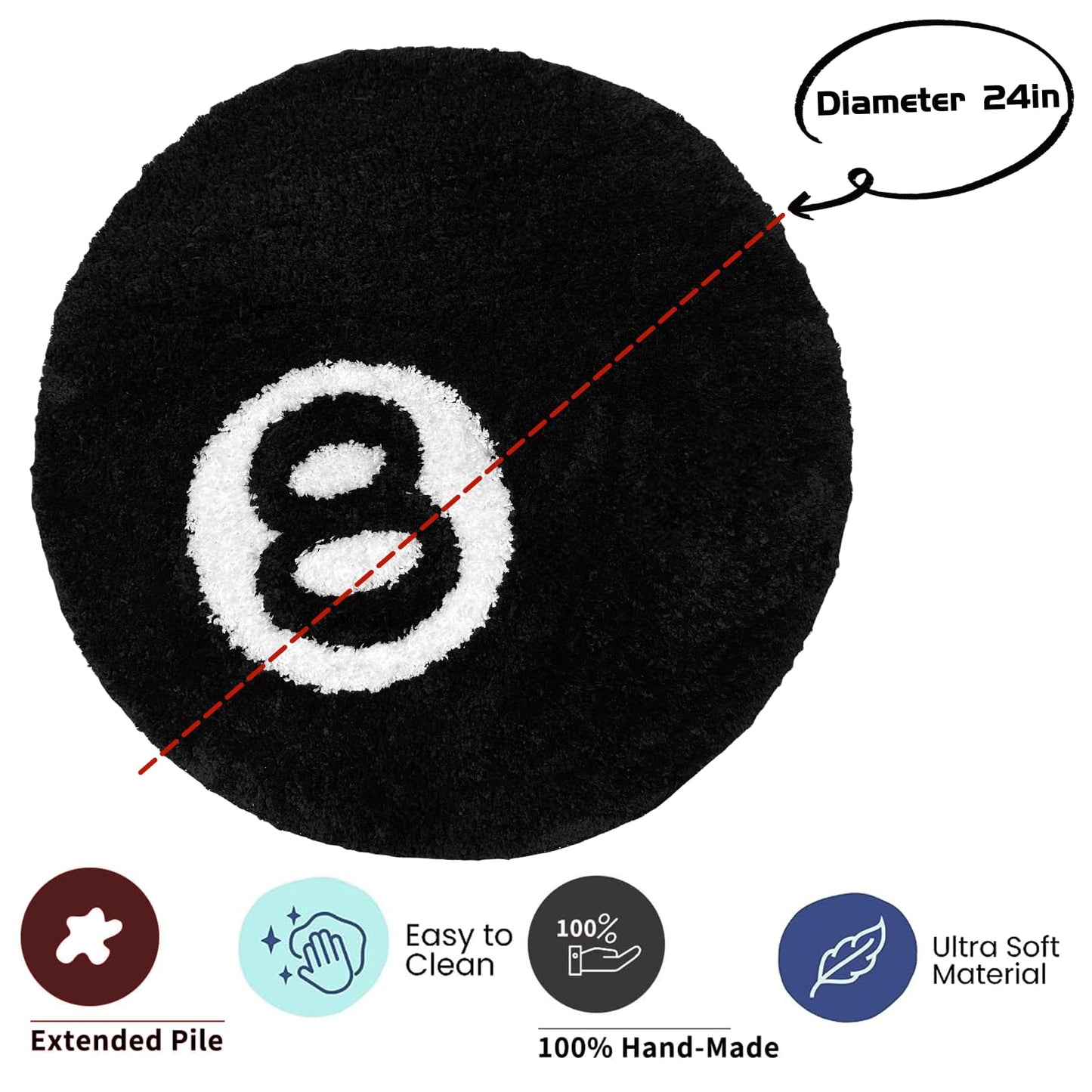 Aewerpec 24" Black Geometric Number 8 Ball Rug, Unique Circle Area Rug for Bedroom Decor