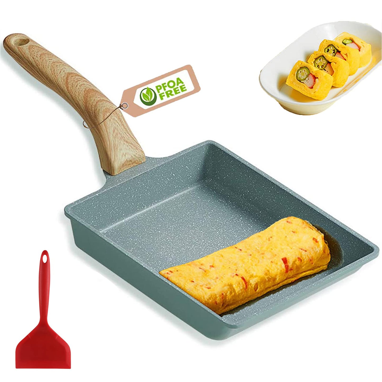 (Tamagoyaki pan) - Japanese Omelette Pan Nonstick Tamagoyaki Egg Pan/Retangle Small Frying Pan/with Silicone Spatula & Brush/Non-Stick Coating (PFOA Free)