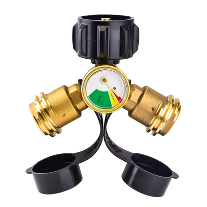 Bbcuepro Propane Tank Y Splitter Adapter with Gauge - 2 Way Propane Splitter - LP Gas Adapter Tee Connector for 20lb Propane Cylinder, BBQ Grill, Gas Burner, Camping Stove, Heater, RV Camper
