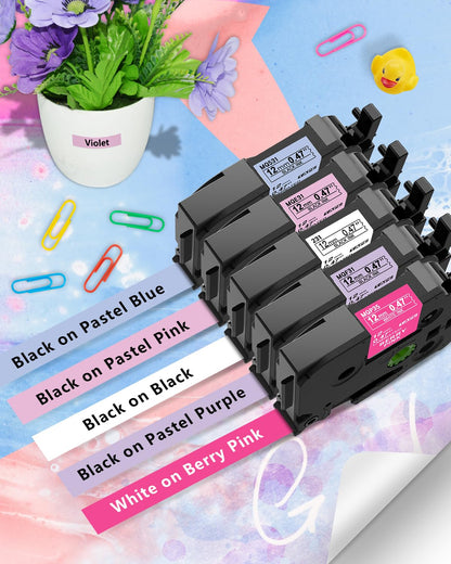 5-Pack Compatible with Brother TZe TZ Tape P Touch Label Tape 12mm 0.47 Laminated Label Maker Tape, for Ptouch PT-D210 PT-H110 PT-D220 PTD610BT D400 D600, White/Berry Pink/Purple/Pink/Blue