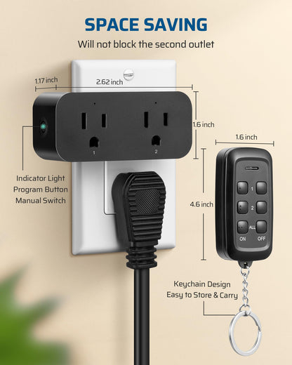DEWENWILS Indoor Remote Control Outlet, 2 Independent Control & Dual-Controlled, 15A/1875W Remote Light Switch, 100FT Range, Remote Outlet Switch for Lamp, Christmas Light, Black