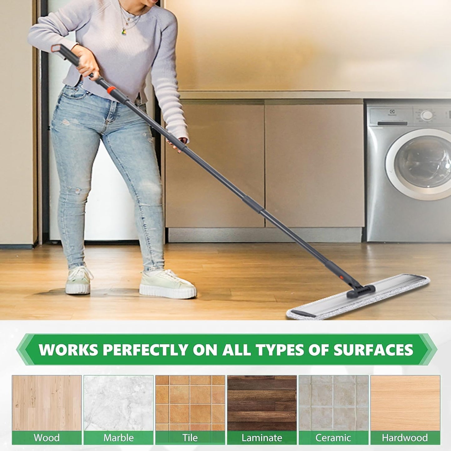 18" Microfiber Heavy Duty Floor Mop Adjustable Stainless Steel Handle with 4 Wet and Dry Mop Pads