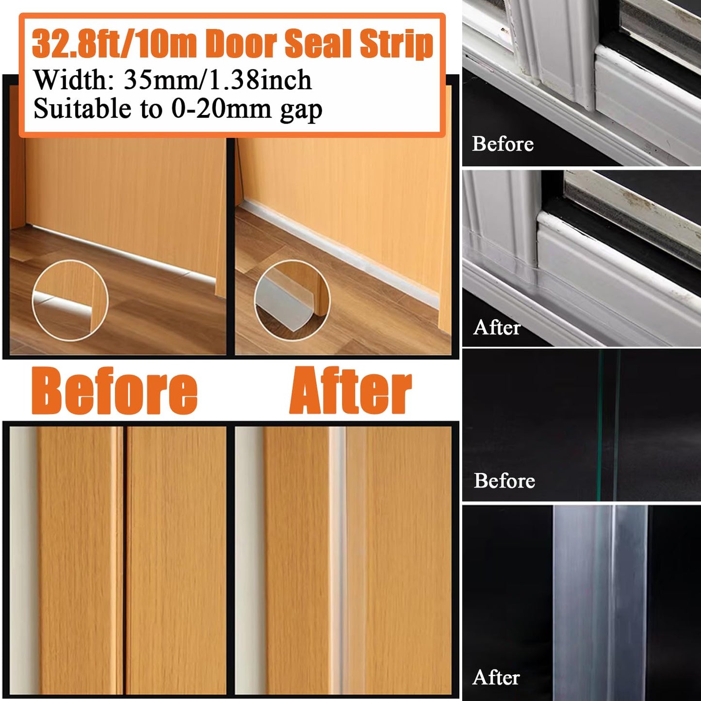 32.8FT Silicone Weather Stripping Door Seal Strip, No Residue Glass Shower Door Seal Strip Under Door Draft Stopper Silicone Sealing Tape for Doors Windows Shower Glass Gap,Transparent,35MM