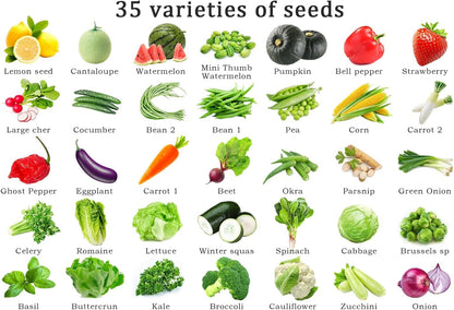 Vegetable Seeds Pack & Fruit Seeds 35 Varieties Individually Packed with Vegetables 10 Free Plant Markers Vegetable Seeds for Planting Indoor and Outdoors Gardening