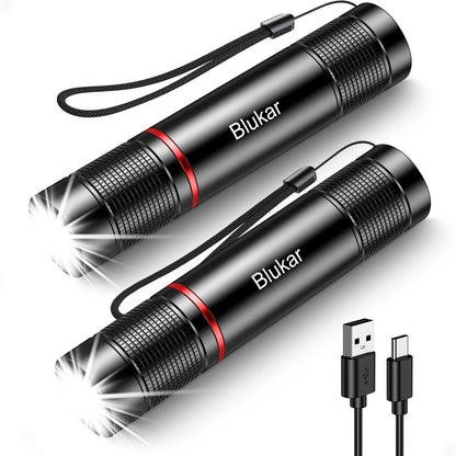 Blukar LED Flashlight Rechargeable 2 Pack, Super Bright Small Handheld Flashlights- Zoomable, Adjustable Brightness, Long Lasting Flash Light, Waterproof Pocket Size Torch Light for Emergency, Camping