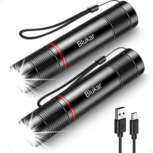 Blukar LED Flashlight Rechargeable 2 Pack, Super Bright Small Handheld Flashlights- Zoomable, Adjustable Brightness, Long Lasting Flash Light, Waterproof Pocket Size Torch Light for Emergency, Camping