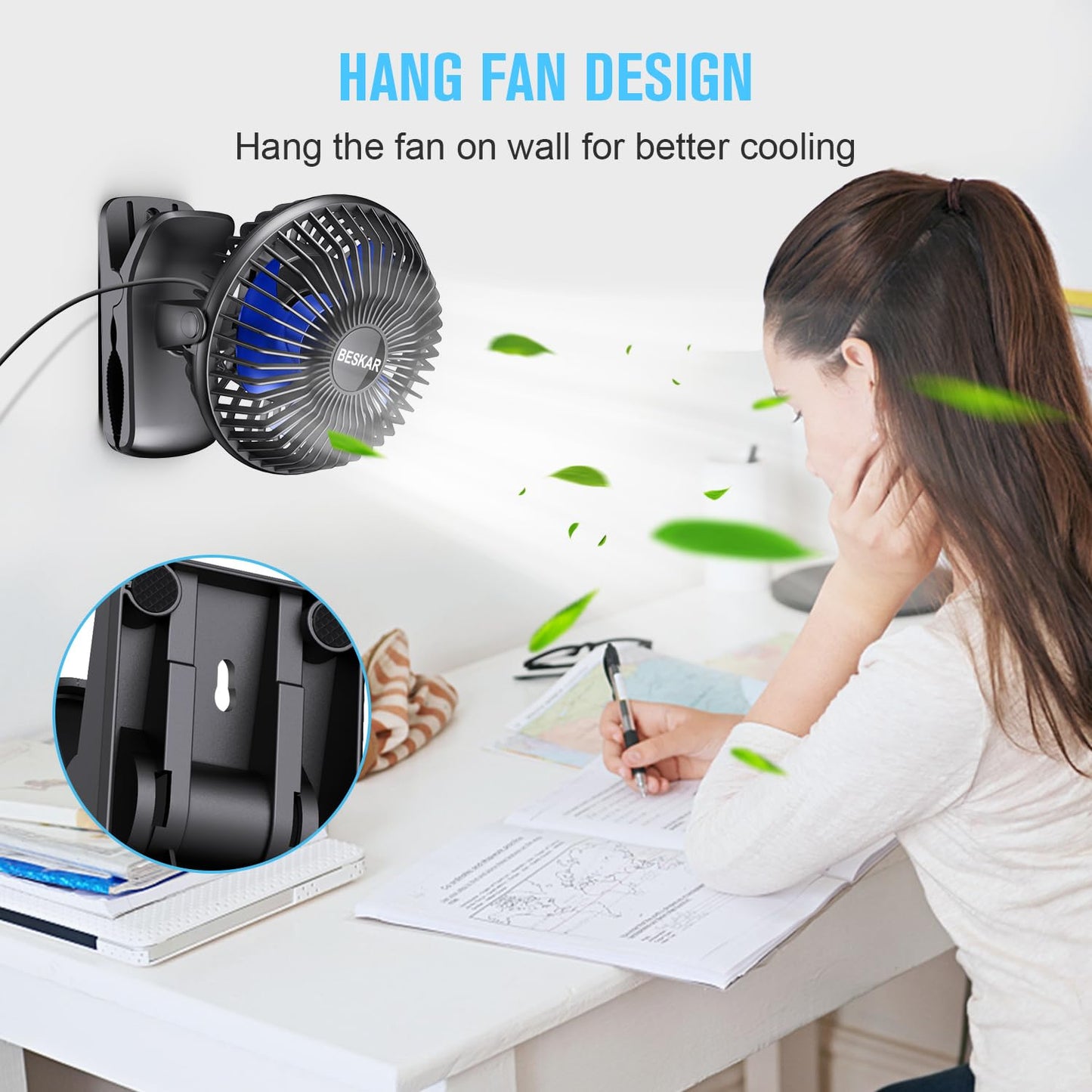 BESKAR USB Powered Clip on Fan, Portable Small Fan with Cord, 3 Speeds Strong Airflow, Personal Fan with Sturdy Clamp, Quiet Desk Fan & Clip Fan