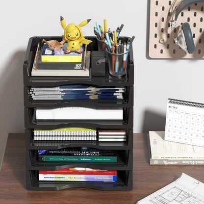 Vcansay 6 Tier Plastic A4 Size Document Trays, Office Stackable Letter Paper File Trays, Black