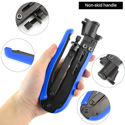 QWORK Coax Cable Crimper Kit with Adjustable Crimping Capability for RG6, RG59, RG11, Precision Cable Stripping and Cutting Tools with 10 RG6 F Connectors
