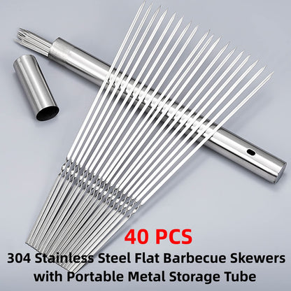 WILLBBQ 304 Stainless Steel 13.2" Long Flat Barbecue Skewers,20PCS/40PCS BBQ Kebab Skewers with Portable Metal Storage Tube,Reusable for Grilling Barbecue Kitchen Party and Outdoor Cooking (40PCS)