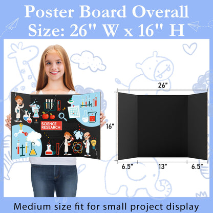 AKONEGE 6Pcs Medium Trifold Poster Board, 26" x 16" Black Corrugated Cardboard Tri Fold Poster Boards for School Projects, Presentations, Science Fair, Photo Display, Art Exhibition