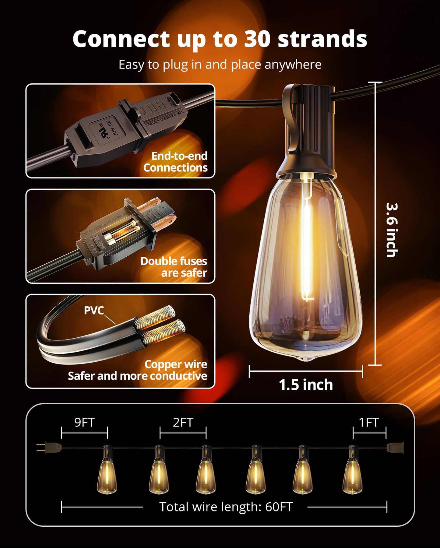 VIPAR Outdoor String Lights 60FT LED Patio Lights Waterproof with 28 Shatterproof ST38 Edison Bulbs Outside Hanging Light Dimmable Connectable for Porch, Deck, Garden, Backyard, Balcony, Decor, 2700K