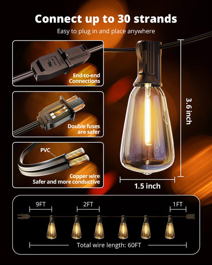 VIPAR Outdoor String Lights 60FT LED Patio Lights Waterproof with 28 Shatterproof ST38 Edison Bulbs Outside Hanging Light Dimmable Connectable for Porch, Deck, Garden, Backyard, Balcony, Decor, 2700K