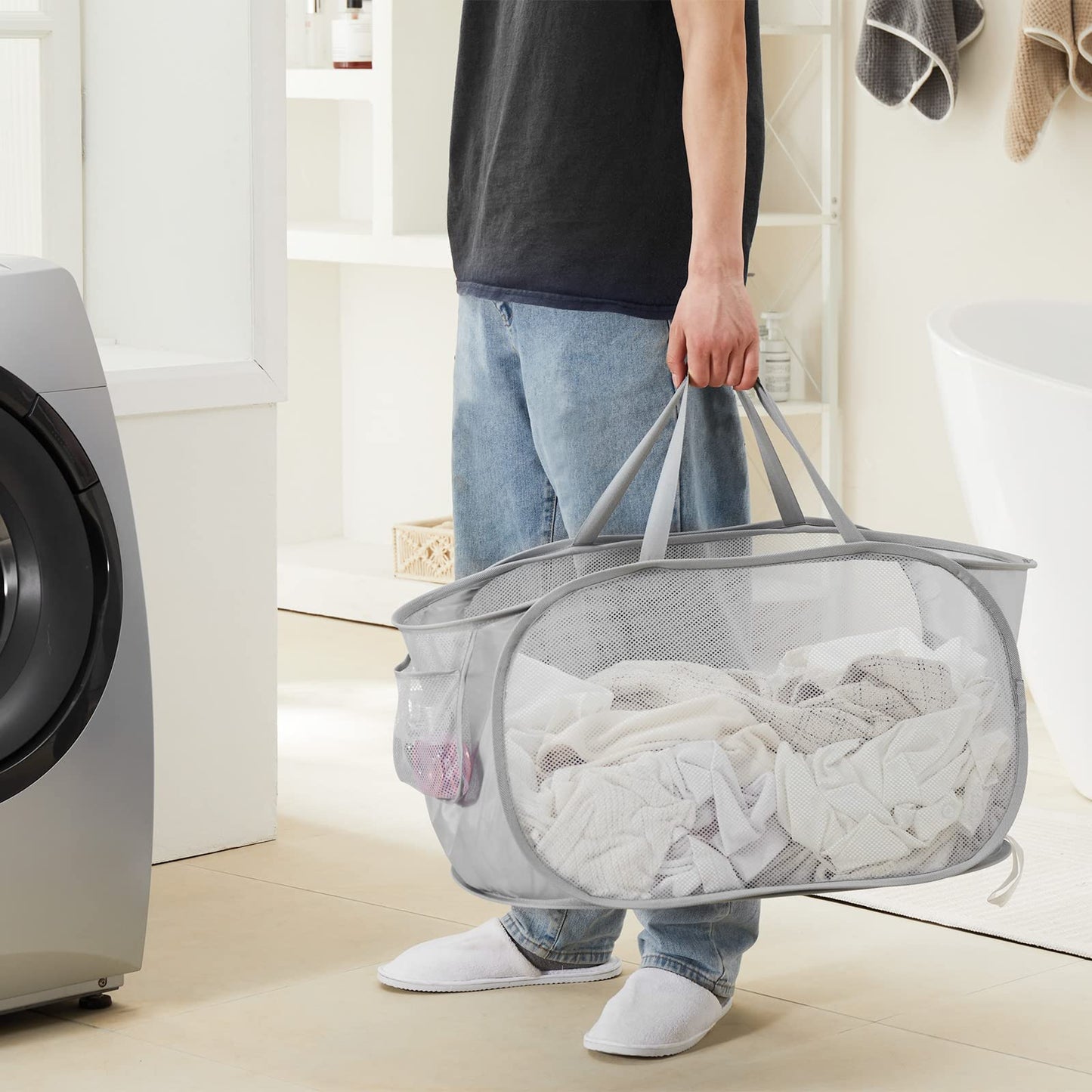 Collapsible Mesh Pop Up Laundry Basket with Durable Handles and Pockets, Portable, Foldable, Deluxe Clothes Hamper for Travel, Laundry Room, Dorm or Bathroom, Space Saving Organizer, Grey, 2 Pack