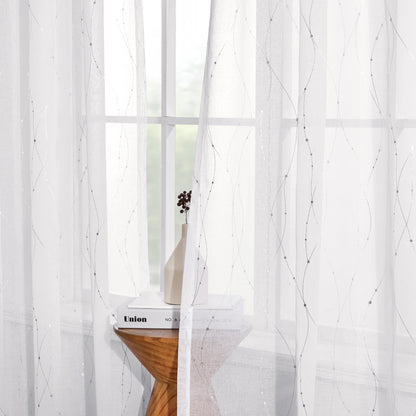 Deconovo White Semi Sheer Curtains 84 Inch Length 2 Panels Set, Grommet Voile Curtains Wave Line with Dots Printed, Elegant Home Decoration(52W x 84L Inch, White/Silver, 2 Panels)