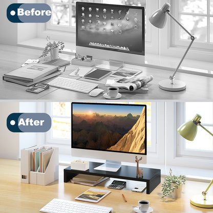 20 inch Monitor Stand Riser, Wood Monitor Stand for Desk, TV/Screen/PC/Printer/Laptop Riser, Computer Stand with Keyboard Organizer, Black Desktop Stand, Monitor Riser TEAMIX