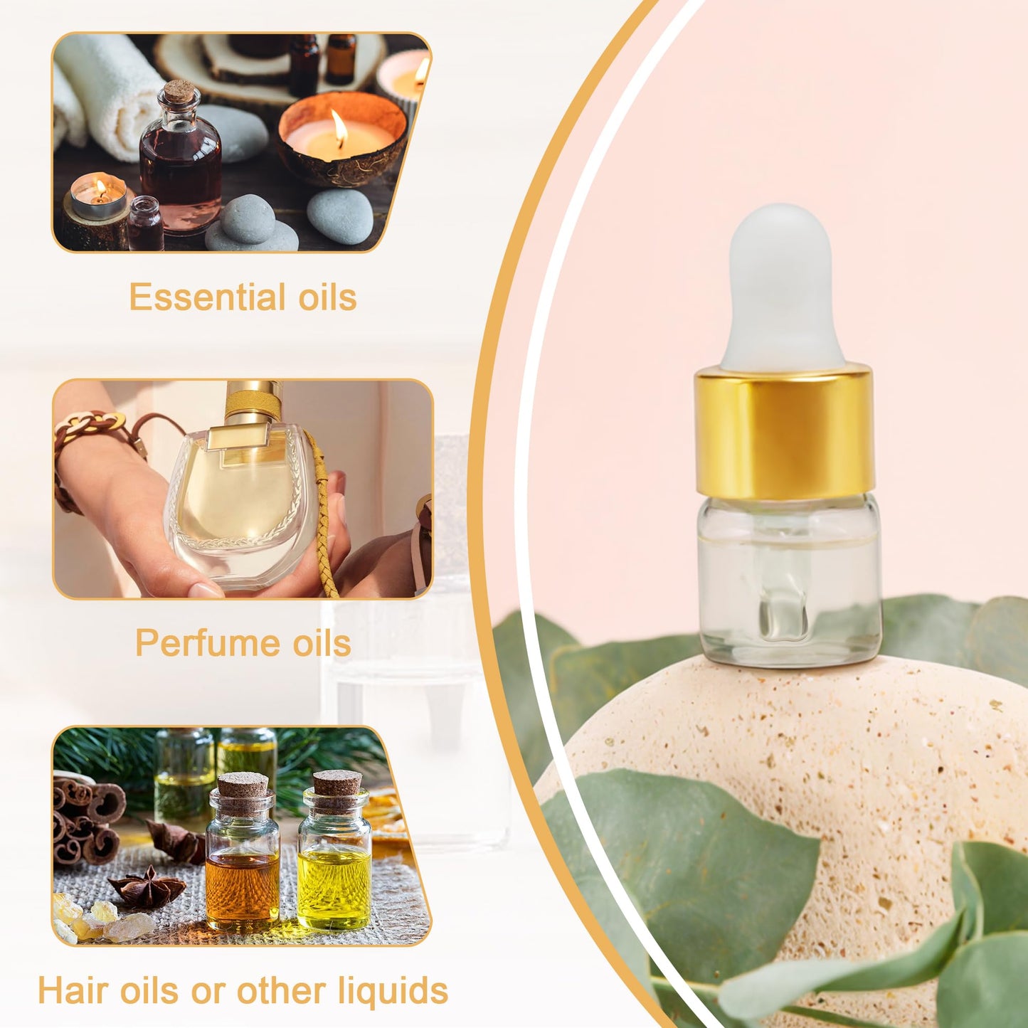 Mini Glass Dropper Bottle for Essential Oil,1ml Small Clear Sample Dropper Vails with Gold Cap,Perfume Cosmetic Liquid Containers for Traveling (1ml, 100pcs)