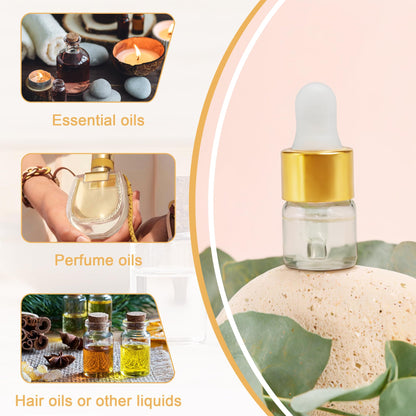 Mini Glass Dropper Bottle for Essential Oil,1ml Small Clear Sample Dropper Vails with Gold Cap,Perfume Cosmetic Liquid Containers for Traveling (1ml, 100pcs)