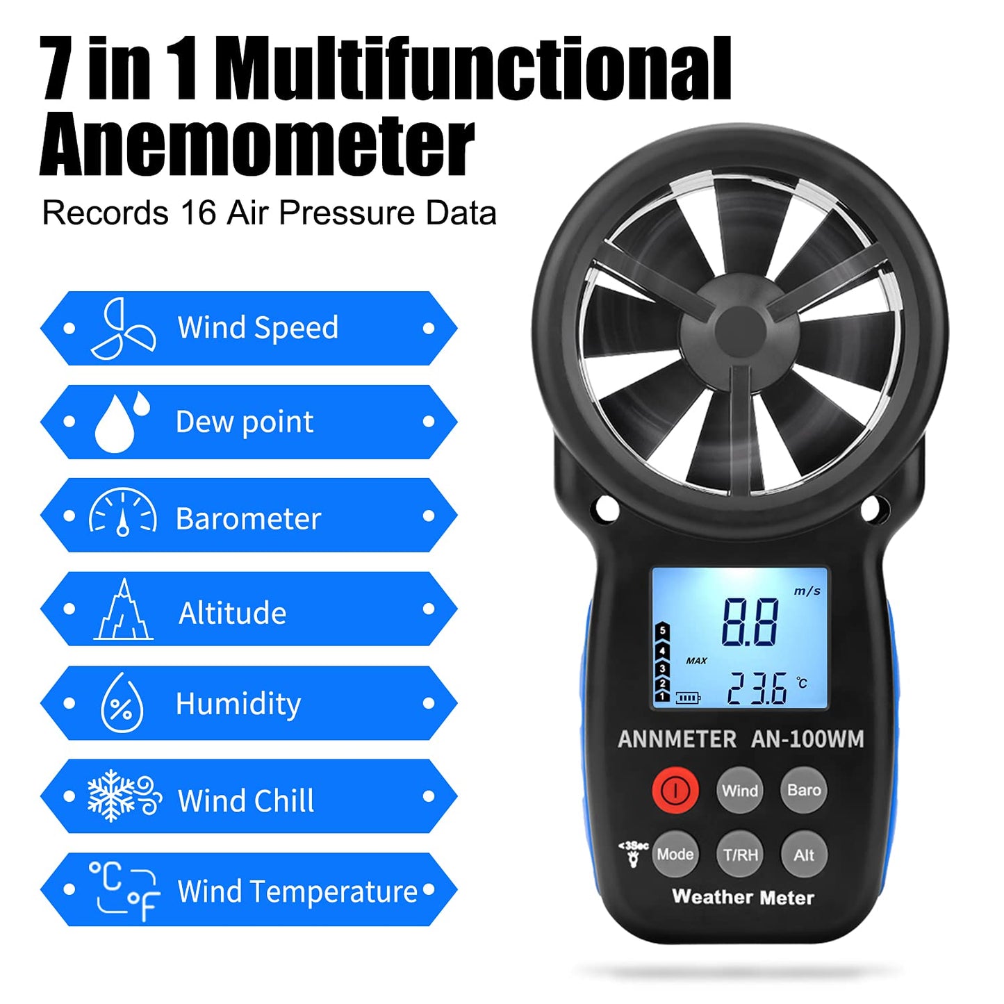 AIOMEST Handheld Wind Speed Chill Temperature Meter Tester, Digital Anemometer for Air Flow, Velocity, Air Pressure, Humidity Altimeter Gauge, AI-100WM