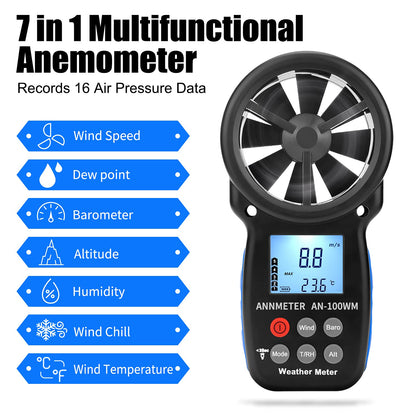 AIOMEST Handheld Wind Speed Chill Temperature Meter Tester, Digital Anemometer for Air Flow, Velocity, Air Pressure, Humidity Altimeter Gauge, AI-100WM