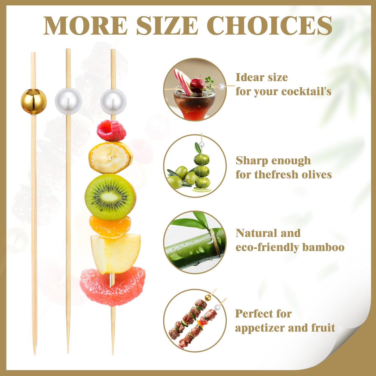 600 Pcs Cocktail Picks skewers for appetizers 4.7” Fancy Toothpicks Bamboo Skewers Wood Drinks Gold White Ball Food Cocktail Sticks for Drinks, Fruit, Party, Wedding Charcuterie Boards Accessories