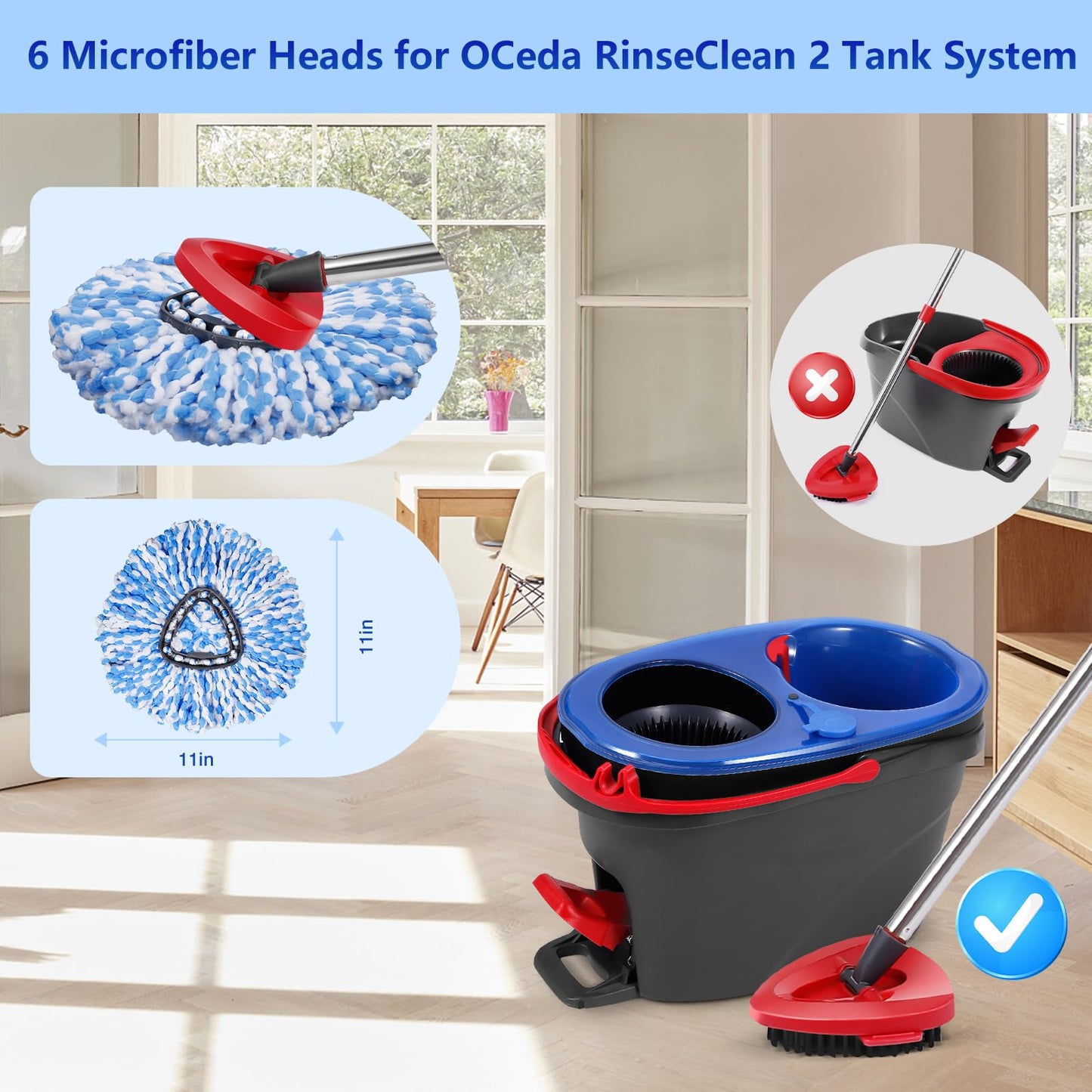 4-Pack Microfiber Spin Mop Head Replacements - Compatible with Oceda RinseClean 2-Tank System,Comes with 1 Mop Scrub Brush, 1 Mop Base & 4 Cleaning Floor Mop Heads Blue