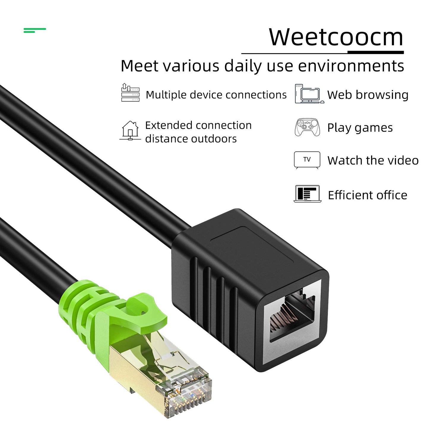 Weetcoocm Ethernet Extension Cable 25ft, Network Cat6a Extension Patch Cable RJ45 Cords Shielded Male to Female Connector (25FT)
