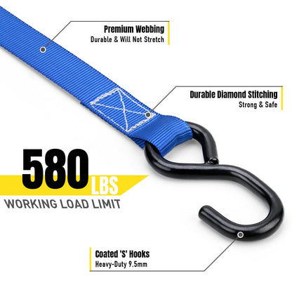 Stay There Ratchet Tie Down Straps 1'' x15', Ratchet Straps with S Hook - 1760lb Break Strength for Securing Motorcycle, Kayak, Truck with Rubber Handles, A Sturdy Bonus Bag & 4 Soft Loops Included