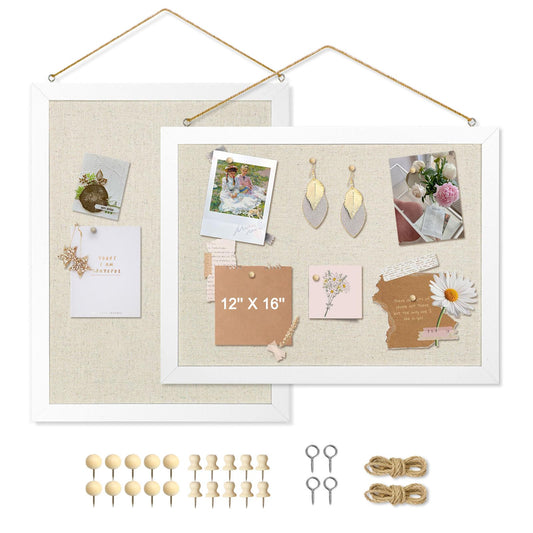 AMUSIGHT 2-Pack Double-Sided Cork Board with Linen, 16" x 12" Hanging Wood Framed Bulletin Board, Picture Display Vision Board Corkboards for Wall Room School Office Decor, 20 Pushpins (Vintage White)