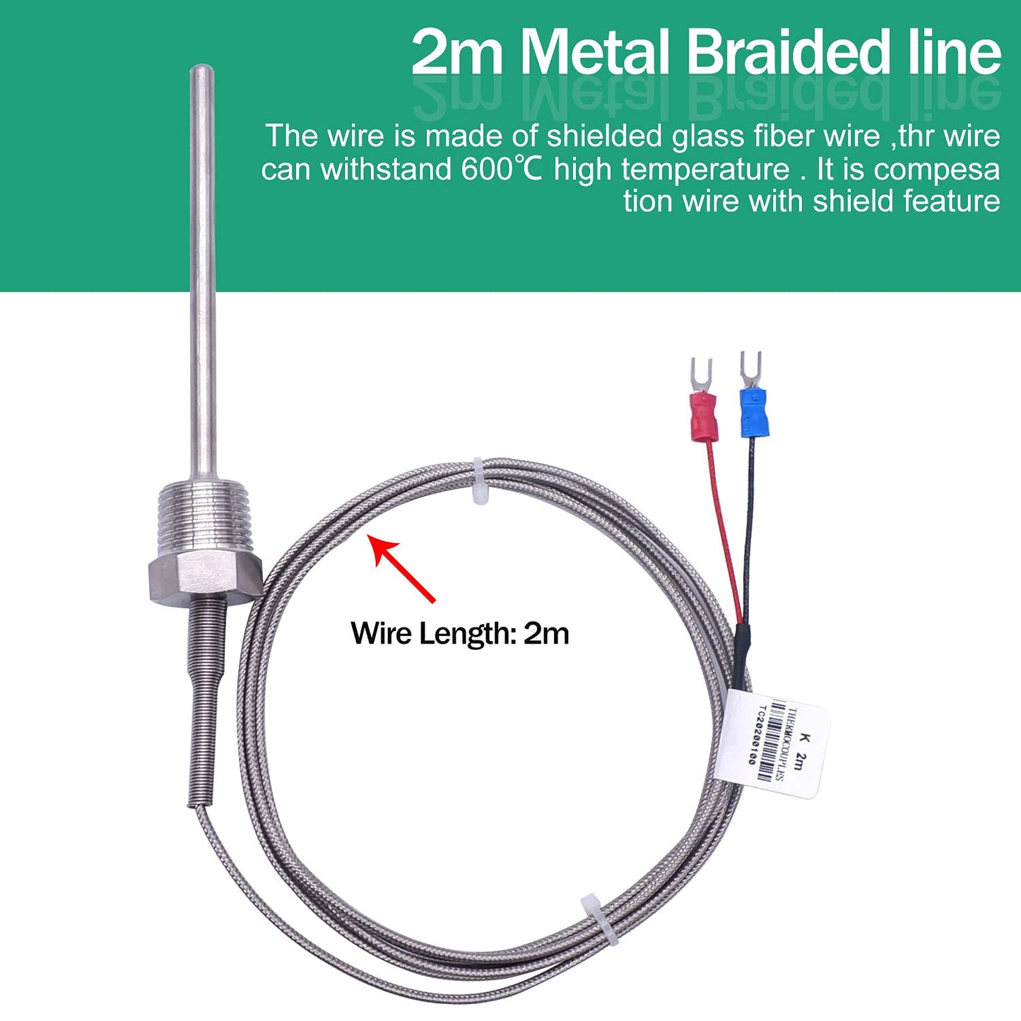 Twidec/2M NPT 1/2"inch Pipe Thread (6X100MM) Temperature Sensor Probe Two Wire Temperature Controller (0~600℃) 304 Stainless Steel K Type Thermocouple MT-205-1/2-6X100