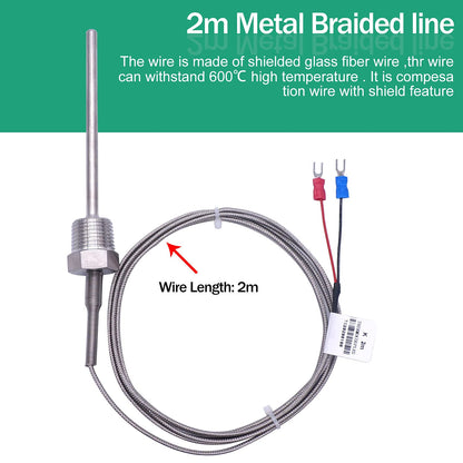 Twidec/2M NPT 1/2"inch Pipe Thread (6X100MM) Temperature Sensor Probe Two Wire Temperature Controller (0~600℃) 304 Stainless Steel K Type Thermocouple MT-205-1/2-6X100