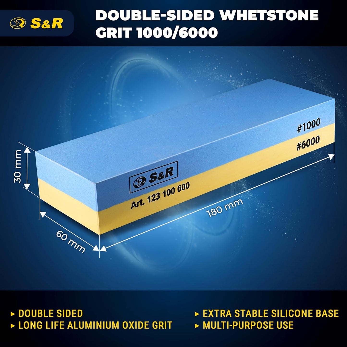 S&R 2-Sided Whetstone Sharpening Stone 18 x 6 x 3 cm with 1000/6000 Grit and Silicone Holder, 100% Corundum