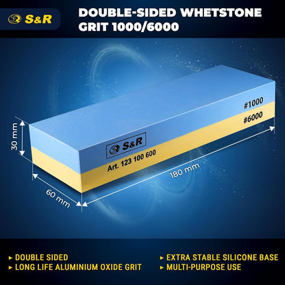 S&R 2-Sided Whetstone Sharpening Stone 18 x 6 x 3 cm with 1000/6000 Grit and Silicone Holder, 100% Corundum