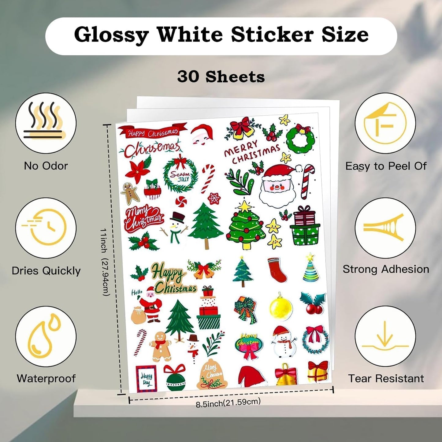Printable Vinyl Sticker Paper for Inkjet Printer-30 Sheets Glossy White 8.5" x 11" Waterproof Labels Paper, Dries Quickly, Vivid Colors, Tear Resistant, DIY Christmas Stickers