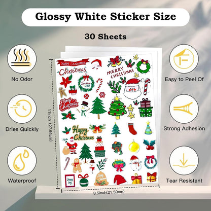 Printable Vinyl Sticker Paper for Inkjet Printer-30 Sheets Glossy White 8.5" x 11" Waterproof Labels Paper, Dries Quickly, Vivid Colors, Tear Resistant, DIY Christmas Stickers
