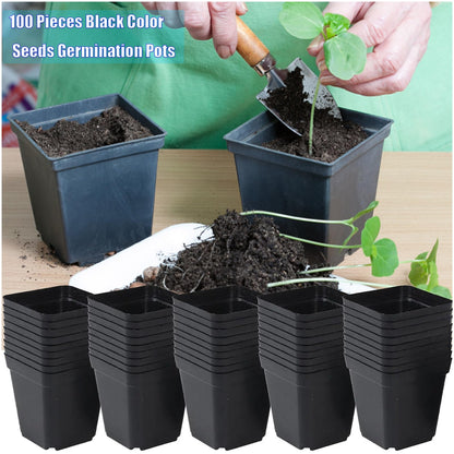 YELINTIAN 100 Pcs Square Seedling Nursery Pots, 2.76Inches Plastic Plant Seedling Pot with Drainage Hole Saucers for Flower, Succulent, Herb, Small Potted Plants