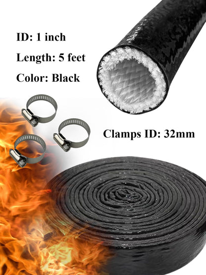 YAMAKATO 1" ID Heat Shielded Fire Thermo Armor Fire Sleeve Silicone Coated Fiberglass Heat Protection for Automotive Hose Lines & Electrical Wiring (Black, 5FT）