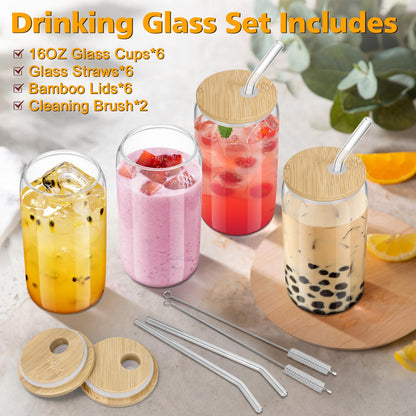 sungwoo Glass Cups with Bamboo Lids and Straws, 16OZ Ice Coffee Cup, Drinking Cup Set with Wooden Lids, Home Essential Glass Tumblers for Beer, Cocktail, Tea and Latte Clear (6)