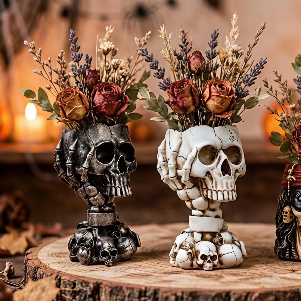 Skull Planter Gothic Home Decor, Cool Planters for Halloween Decorations Indoor/Outdoor Plants, Flower Pots, Plant Pots, Flower Pot, Plant Pot, Unique Statue Vase with Drainage(Tall Black Vases)