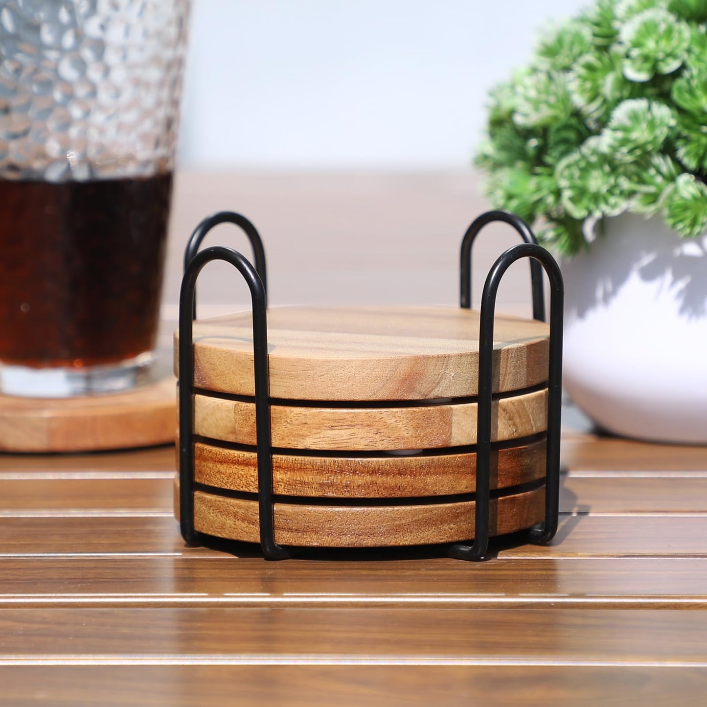 Wood Coasters for Drinks Tabletop Protection with Holder Set of 6, Acacia Wooden Coasters for Coffee Table Dining Table Desk Round with Non-Slip Pad Cup Coasters for Home Office Christmas Decor 4 Inch