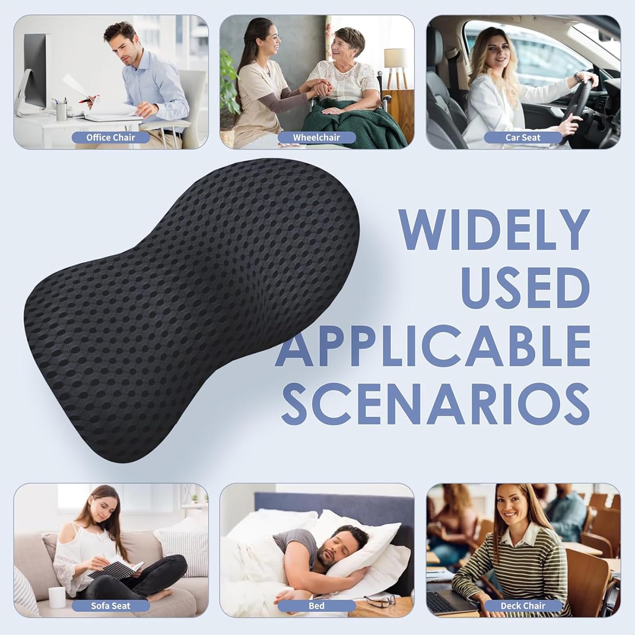 Lumbar Support Pillow for Lower Back Pain Relief – Ergonomic Streamline Memory Foam Cushion for Office Chair, Car Seat, Bed, and Sleeping – Ideal for Drivers and Office Workers (Black)