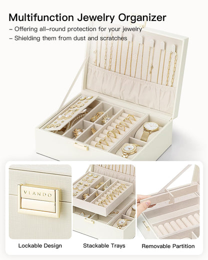 Vlando 2 Layer Jewelry Box Large Jewelry Organizer for Women Removable Jewelery Tray with Watch Pillow for Necklace Earrings Rings Bracelets Jewelry Boxes for Mother‘s Day Gifts (White)