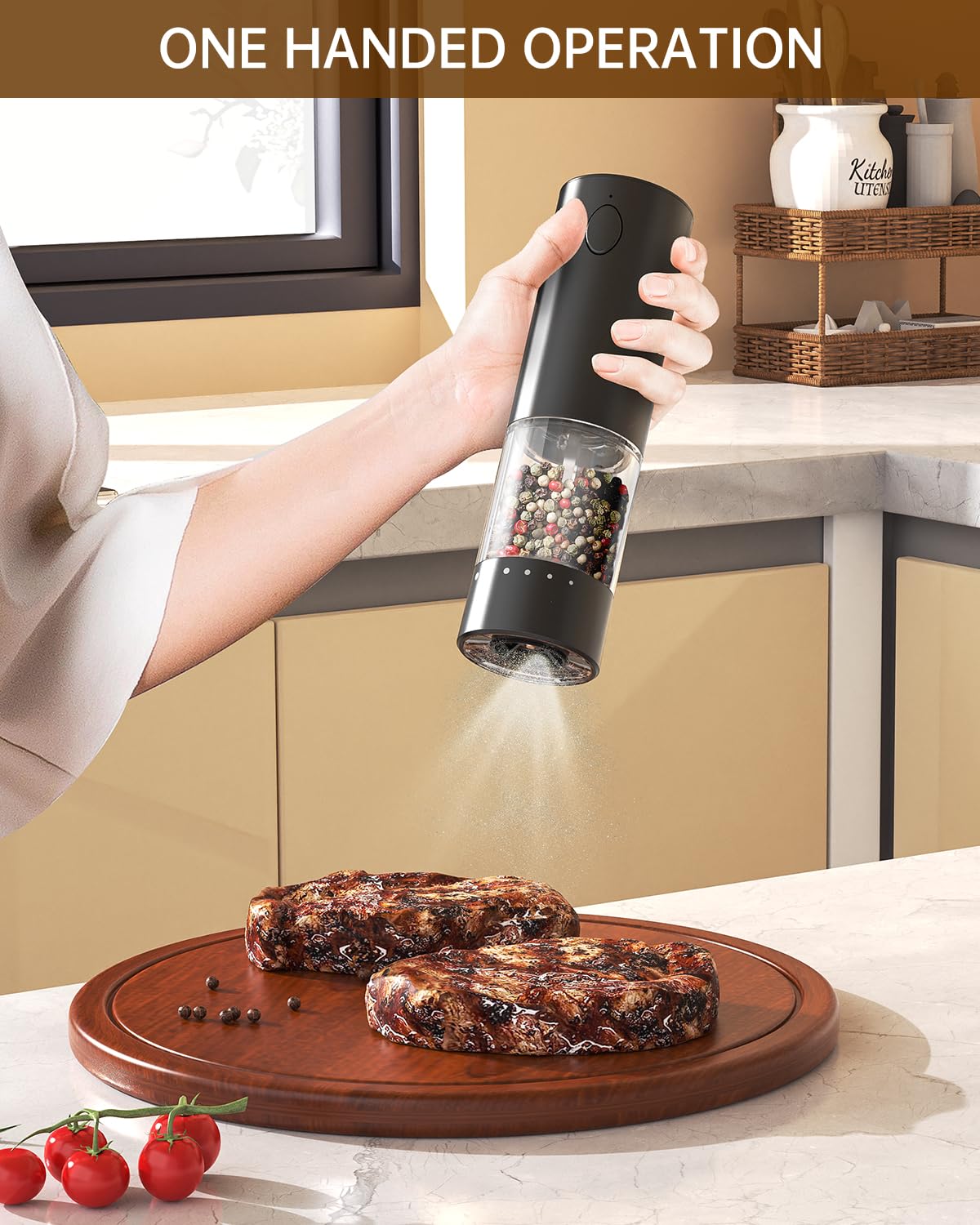 CIRCLE JOY Electric Black Pepper Grinder Rechargeable Pepper Mill Grinder with 6 Levels External Adjustable Coarseness, 95ml Large Capacity, White LED Light, USB Cable