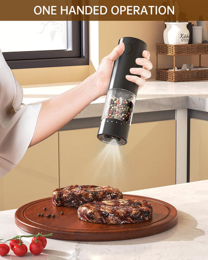 CIRCLE JOY Electric Black Pepper Grinder Rechargeable Pepper Mill Grinder with 6 Levels External Adjustable Coarseness, 95ml Large Capacity, White LED Light, USB Cable