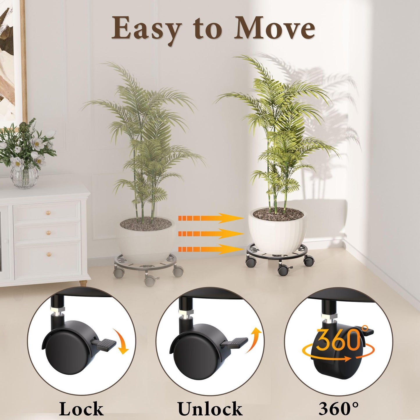 Chinpakden 10.24" Plant Stand with Wheels - 2 Pack Plant Caddy, 360 °Rotatable and Lockable Plant Rollers, Easy to Move, Plant Tray with Casters for Indoor Outdoor Wine Cellar.