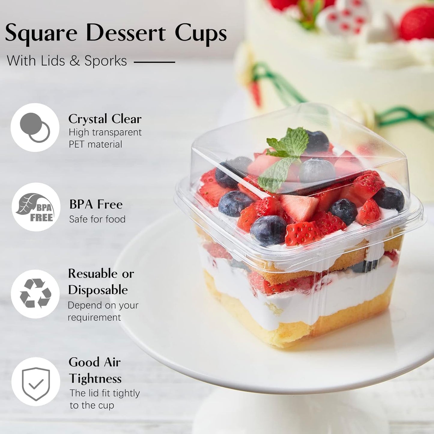 50Pack 8 oz Square Plastic Dessert Cups with Lids and Individually Wrapped Spoons, Clear Disposable Plastic Yogurt Parfait Cups for Cupcake Mousse Yogurt Pudding Mousse Fruits (50Pack)