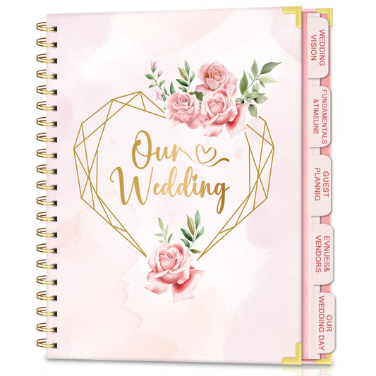 Wedding Planner For Bride-A4 Bridal Wedding Planning binder With 5 Tabbed Sections+Wedding Countdown Calendar,Unique Engagement Gifts For Couples,Pink Love