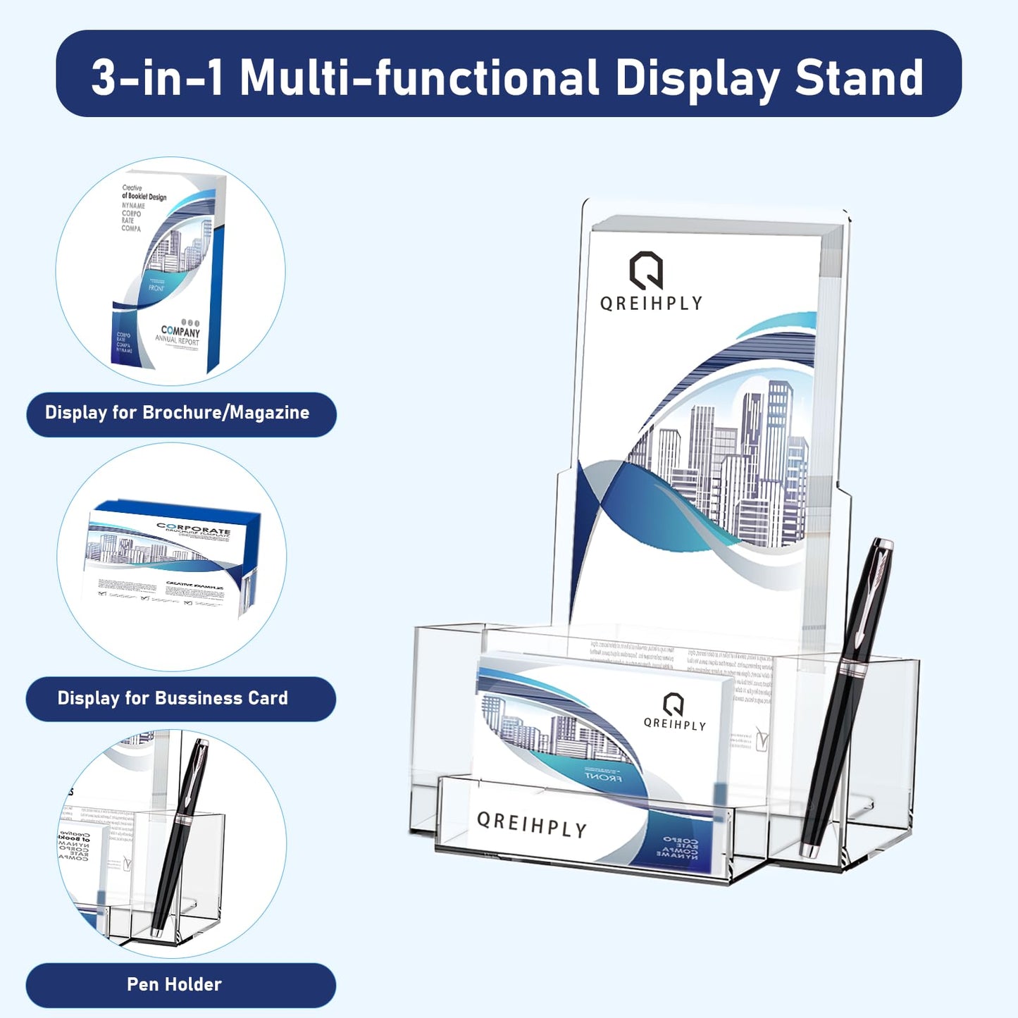 QREIHLPY Acrylic Brochure Holder 2pcs, 4.7 Inch with Dual Pen Holders & Business Card Slot, Clear Display Stand for Countertop, Suitable for Pamphle, Magazines, Menus, Trifold Booklets